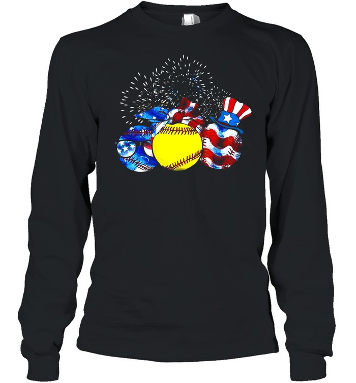 Softball American Flag Independence Day T-shirt Long Sleeved T-shirt
