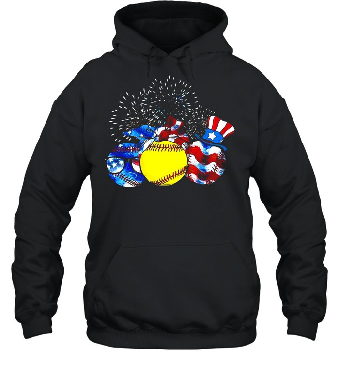 Softball American Flag Independence Day T-shirt Unisex Hoodie