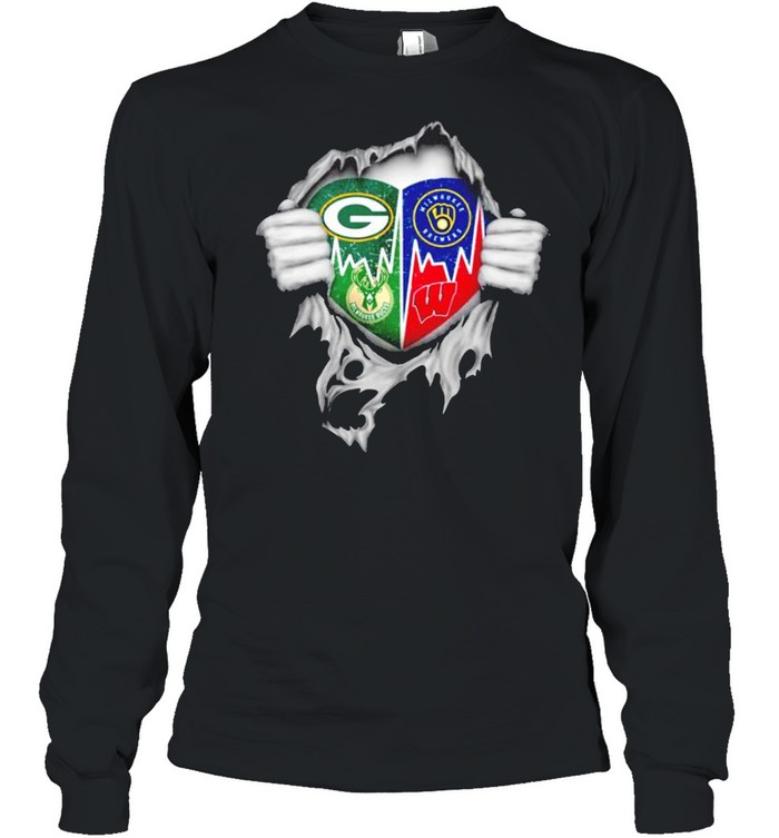 Green Bay Packers and Wisconsin Badgers Milwaukee Brewers Milwaukee Bucks  heart shirt