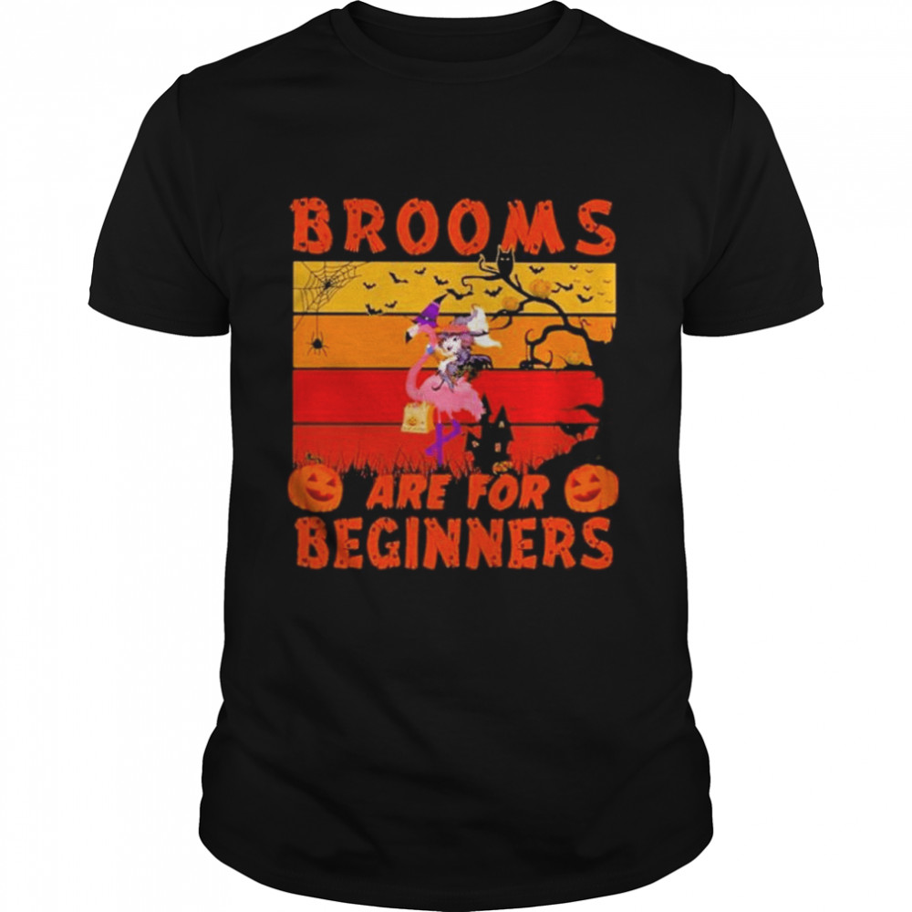 Flamingo Brooms Are For Beginners Vintage Happy Halloween Shirt