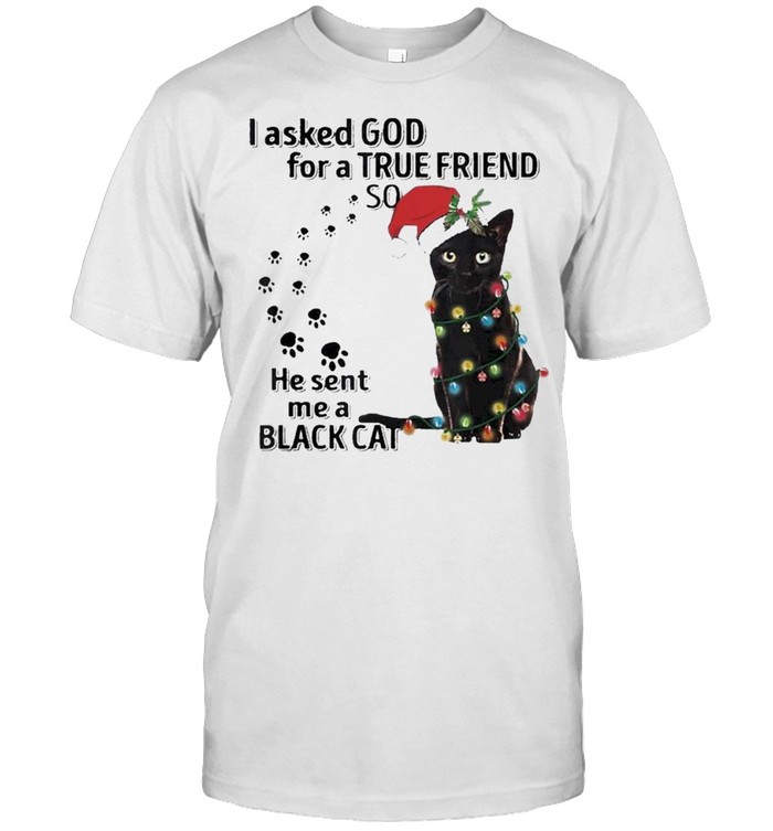 I asked god for a true friend so he sent me a Black Cat Santa light Merry Christmas shirt