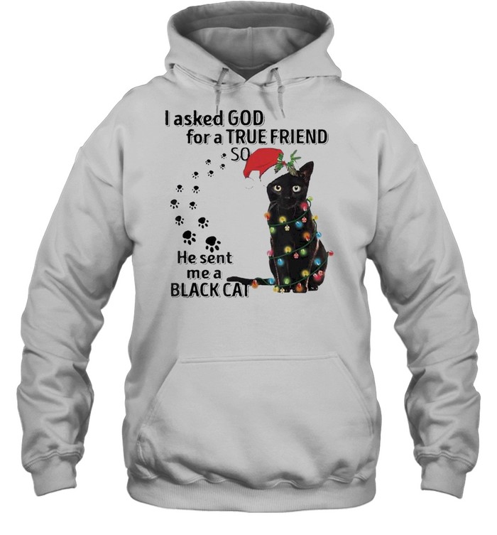 I asked god for a true friend so he sent me a Black Cat Santa light Merry Christmas shirt Unisex Hoodie