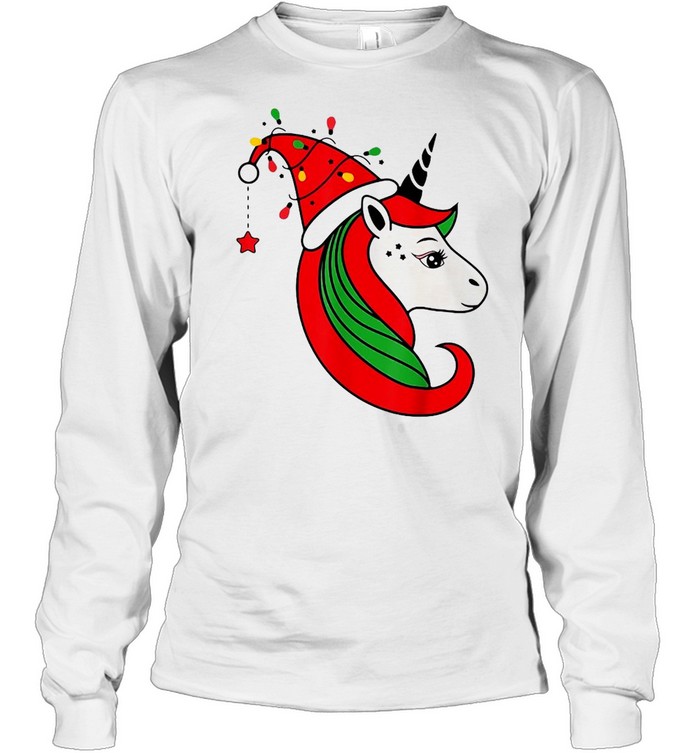 Santa Hat Unicorn Christmas Lights Xmas Girls Kids Pajama Sweater T-shirt Long Sleeved T-shirt