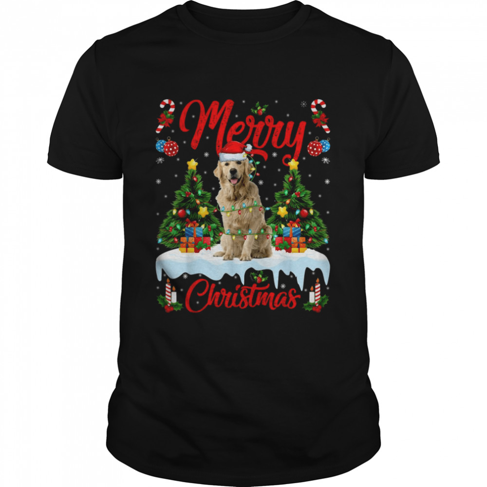 Funny Xmas Lighting Santa Hat Golden Retriever Dog Christmas  Classic Men's T-shirt