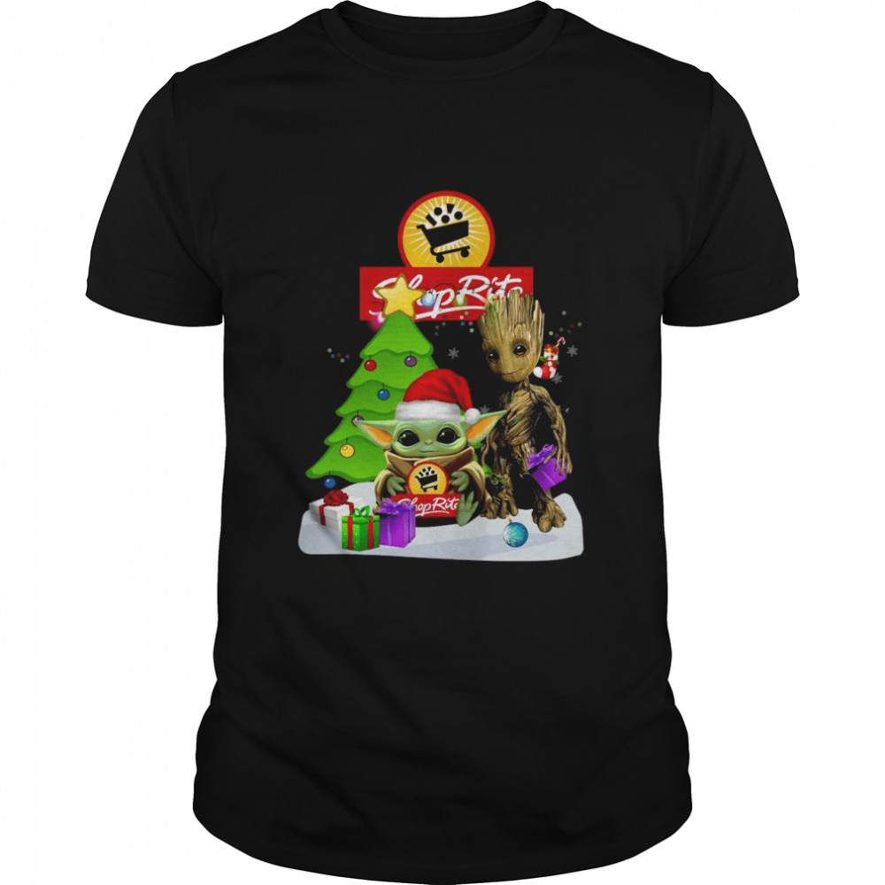 santa Bigfoot and Baby Yoda hug Shoprite Snow Christmas Tree shirt