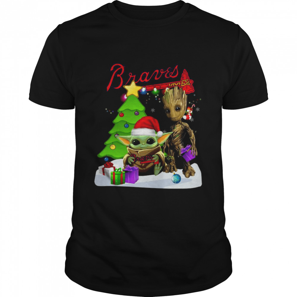 Santa Groot and Baby Yoda hug Atlanta Braves Snow Christmas Tree shirt