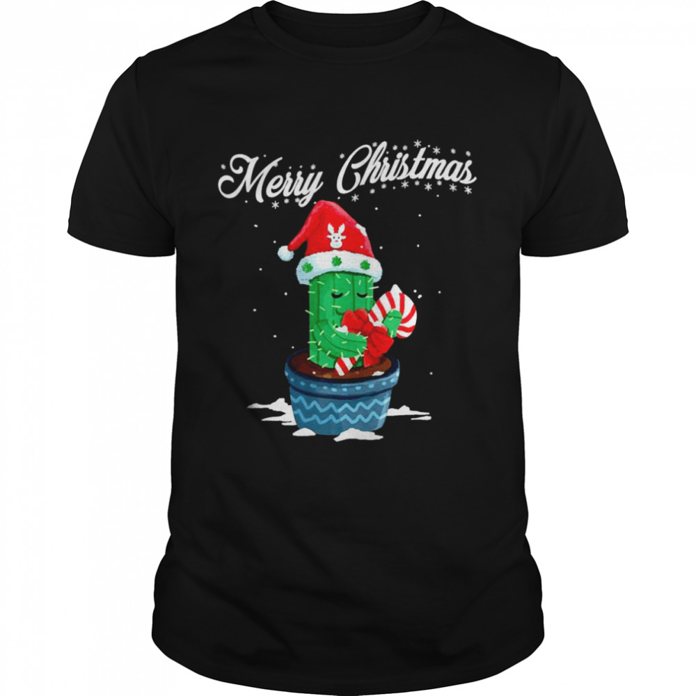 Merry Christmas Cute Cactus Santa Hat Candy Cane Xmas  Classic Men's T-shirt