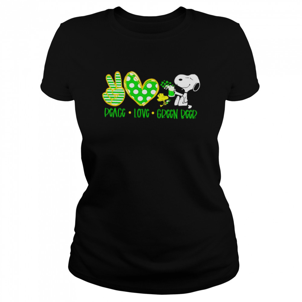 St. Patrick’s Day Snoopy and Woodstock peace love green beer shirt Classic Women's T-shirt