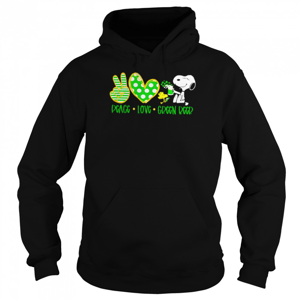 St. Patrick’s Day Snoopy and Woodstock peace love green beer shirt Unisex Hoodie