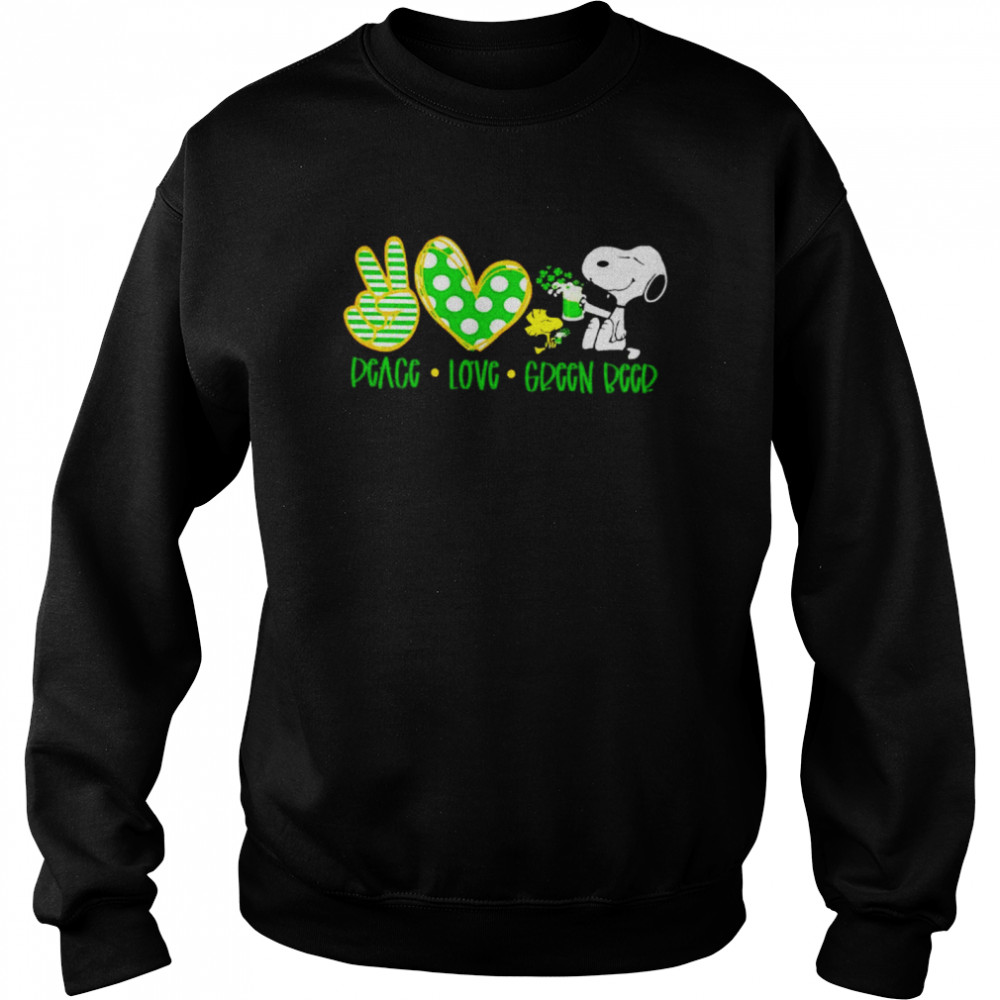St. Patrick’s Day Snoopy and Woodstock peace love green beer shirt Unisex Sweatshirt