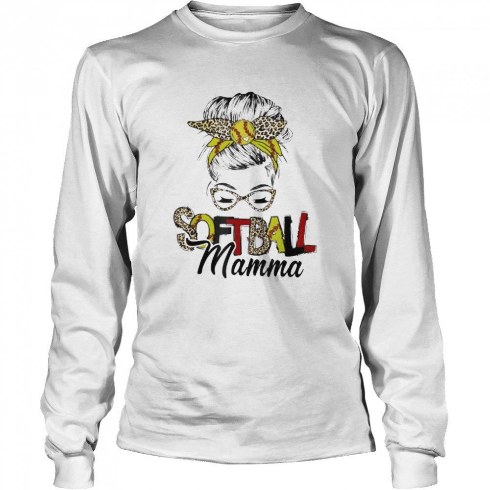 Softball Mamma Life With Leopard Messy Bun Mother’s Day Long Sleeved T-shirt