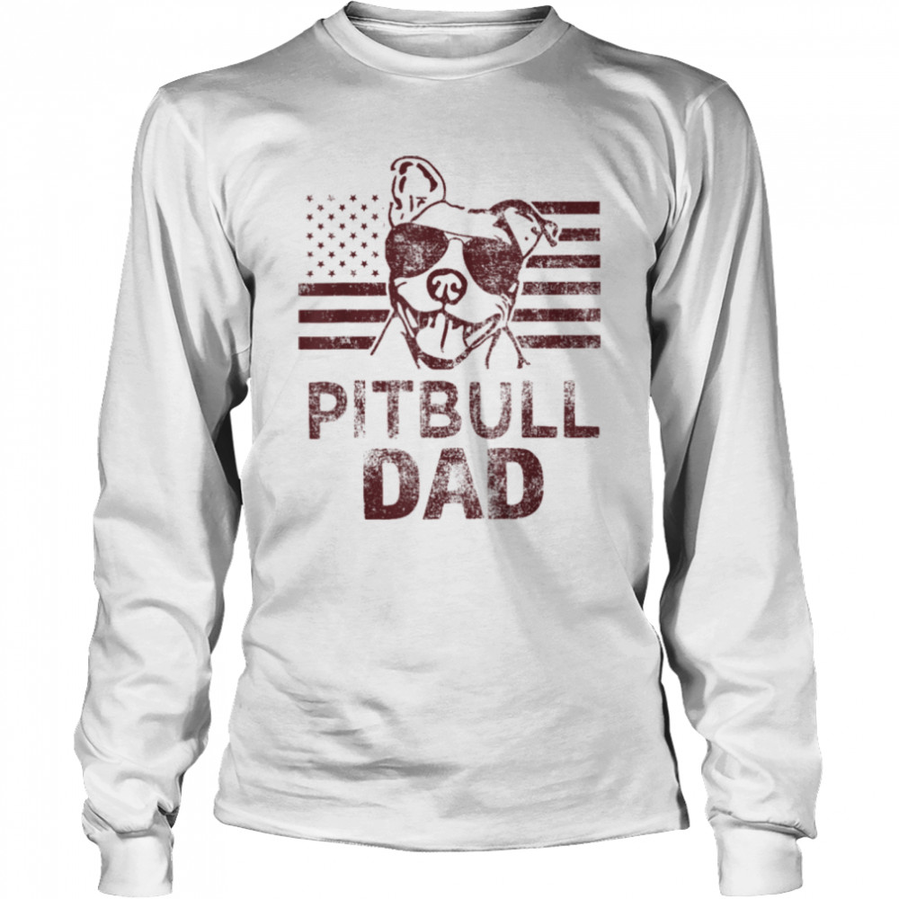 Mens Father's Day Dog Dad T Pitbull With US American Flag T- B0B1ZV8NN2 Long Sleeved T-shirt