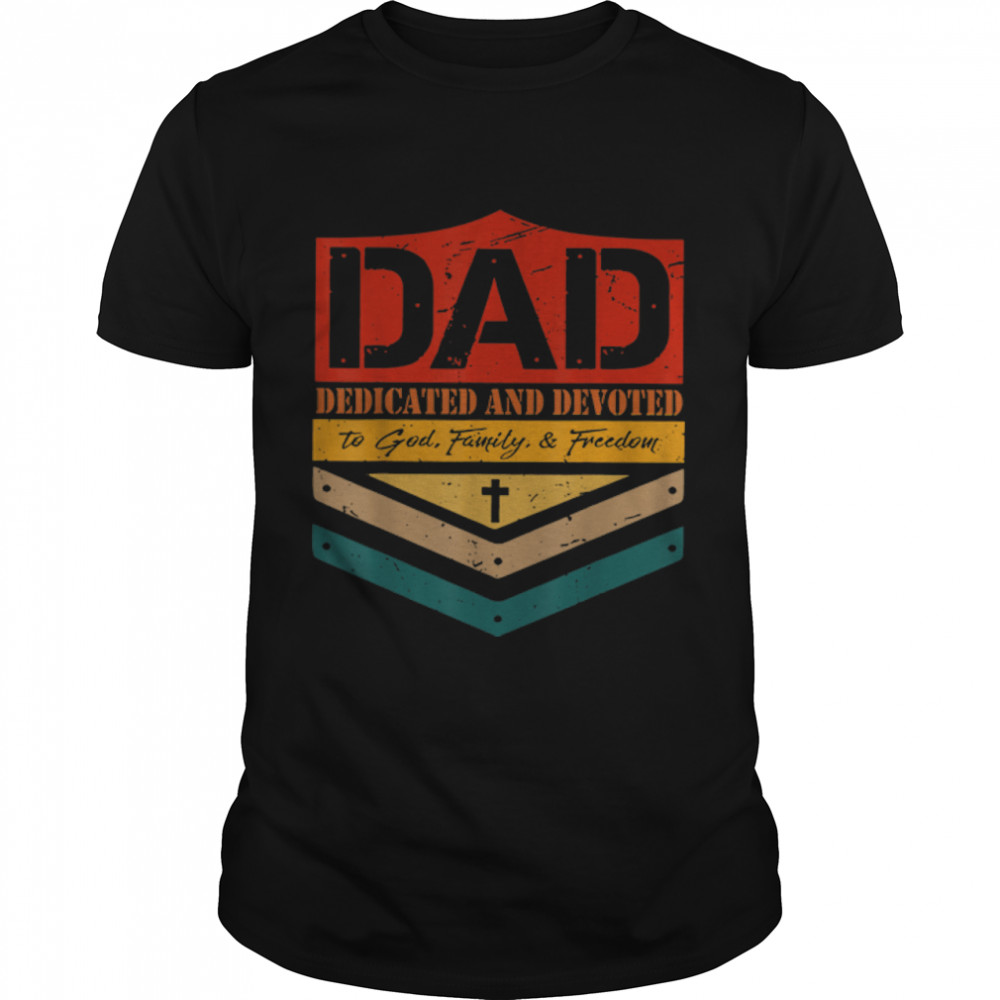 Vintage Dad Dedicated & Devoted Happy Fathers Day Christian T- B0B1ZPWKVP Classic Men's T-shirt