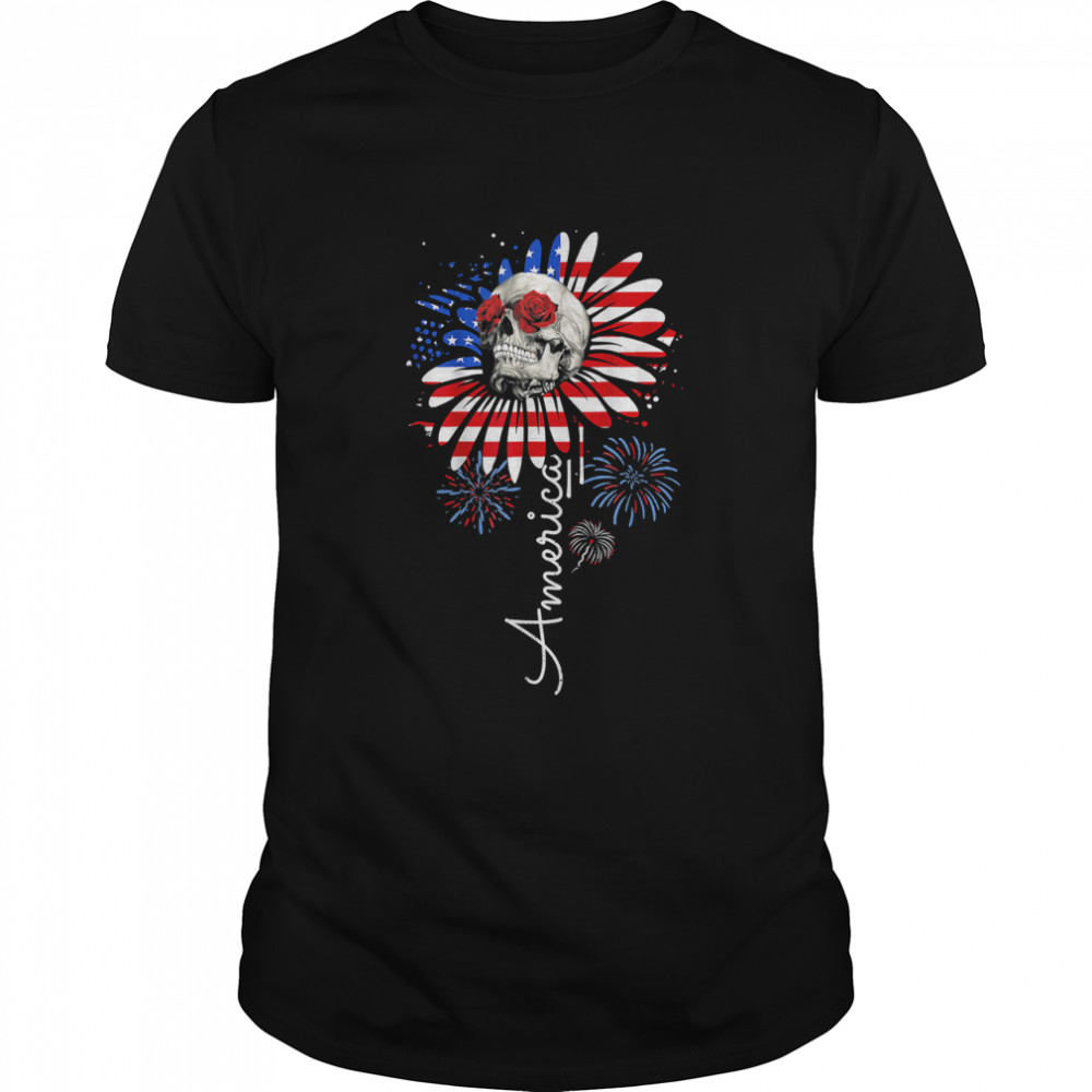 American Daisy Flower Skull For Women Independence Day T-Shirt