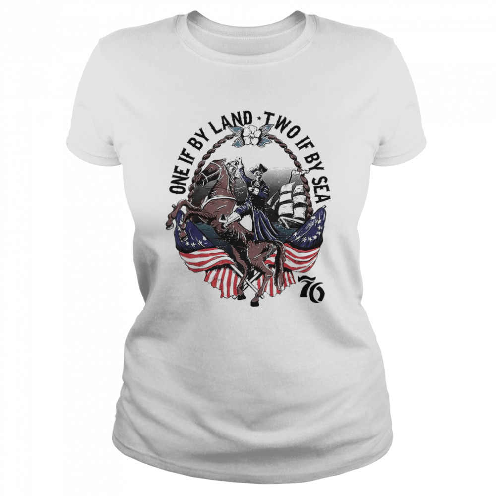 skeleton one if by land two if by sea 76 american flag classic womens t shirt