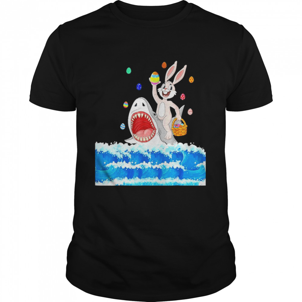 Easter Bunny Riding Shark with Eggs Basket  Classic Men's T-shirt