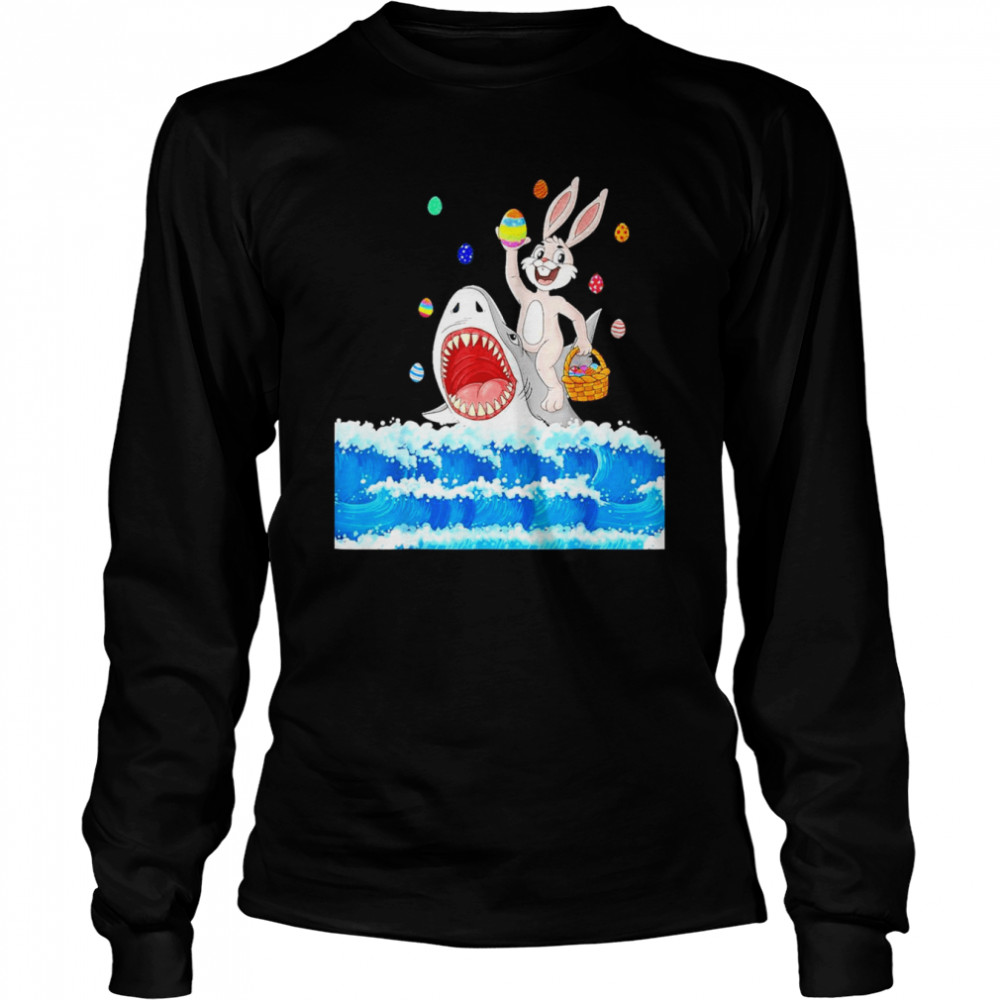 Easter Bunny Riding Shark with Eggs Basket  Long Sleeved T-shirt