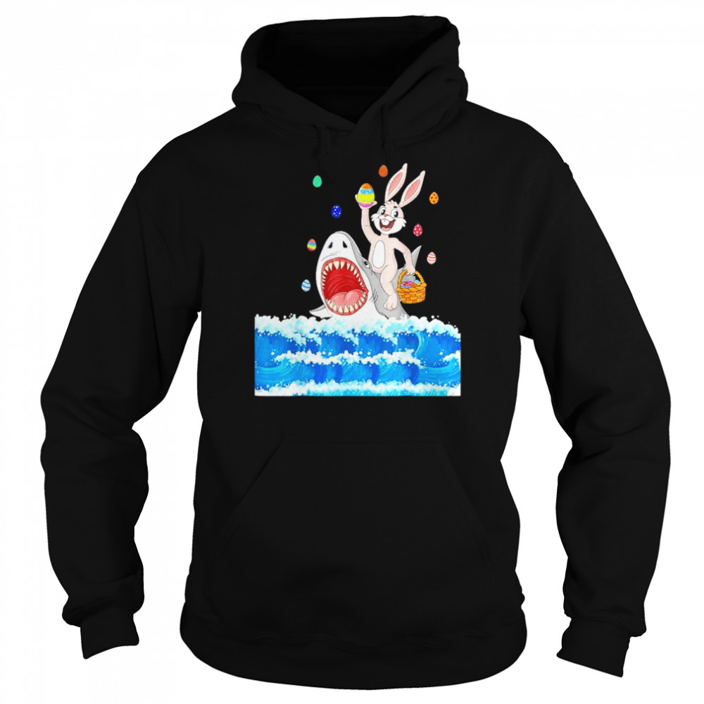 Easter Bunny Riding Shark with Eggs Basket  Unisex Hoodie