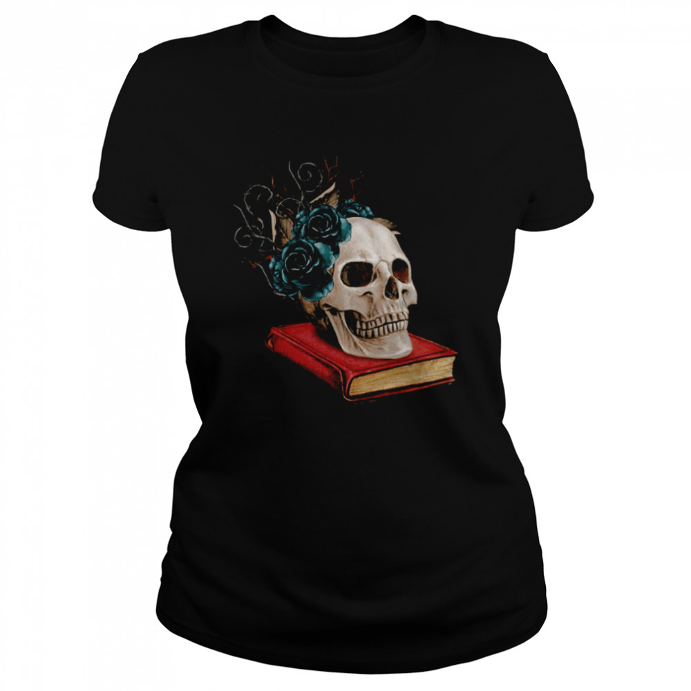 Watercolor Gothic Skull On A Book With Thorns And Black Roses shirt Classic Women's T-shirt