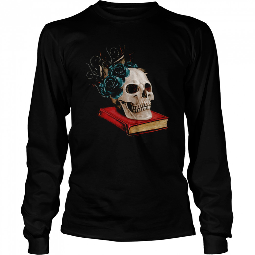 Watercolor Gothic Skull On A Book With Thorns And Black Roses shirt Long Sleeved T-shirt