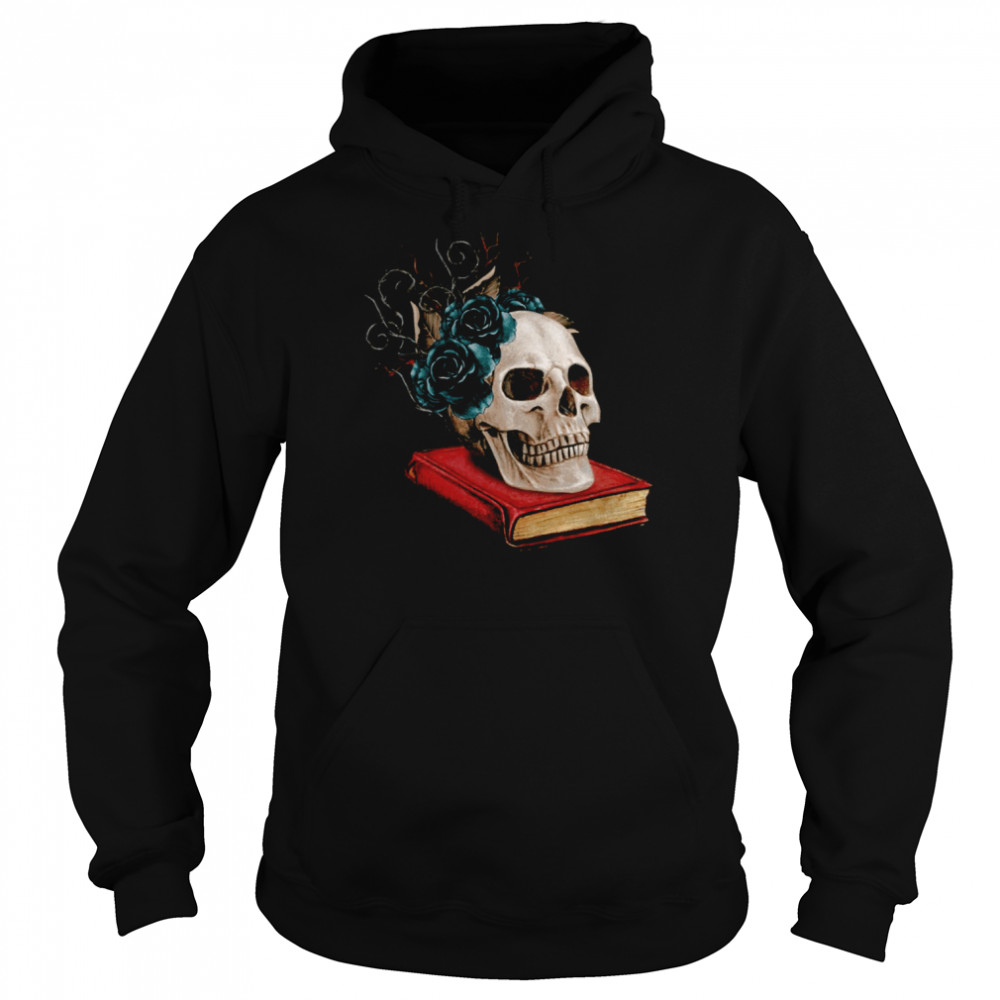 Watercolor Gothic Skull On A Book With Thorns And Black Roses shirt Unisex Hoodie