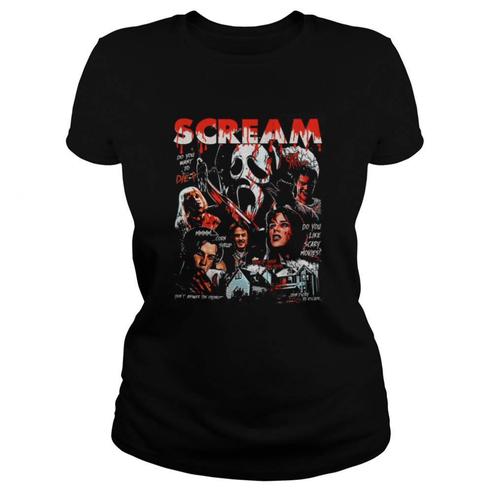 Retro 90s Scream Movie Horror Movie Fan Ghostface Billy Loomis Stu Macher Sidney Prescott Funny Disney Halloween shirt Classic Women's T-shirt