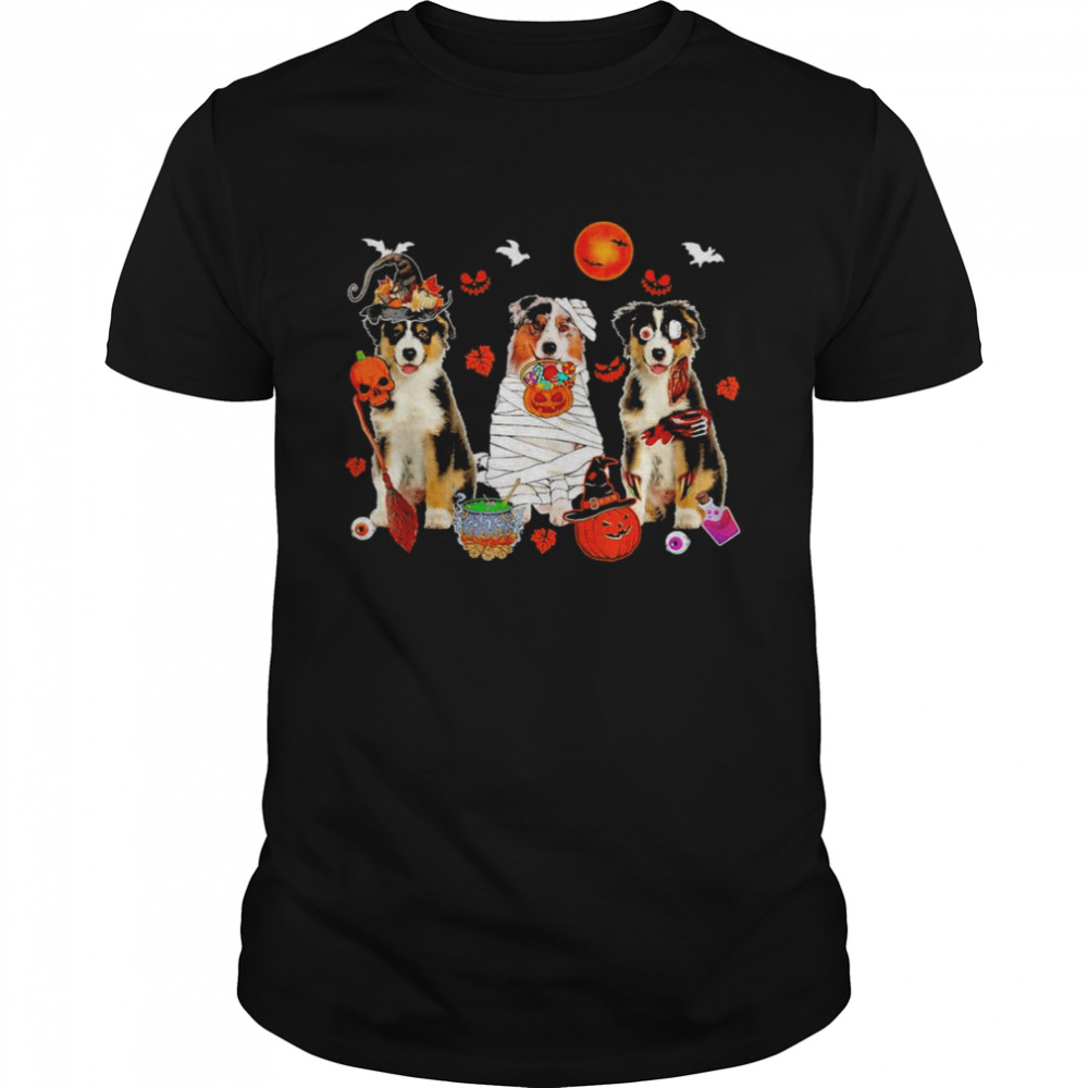 Three Australian Shepherd Dogs Witch Scary Mummy Halloween Shirt