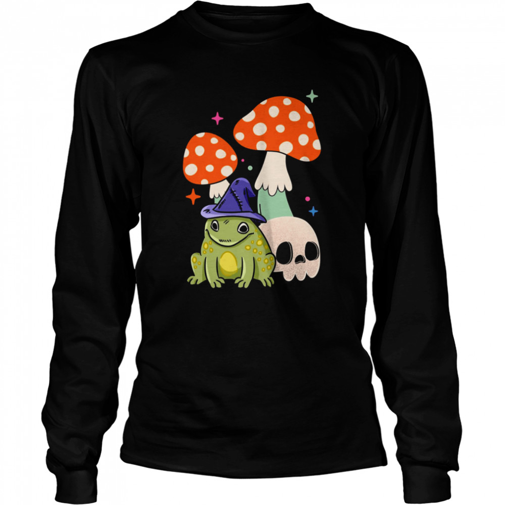 cute witchy frog cottagecore frog wizard frog with mushroom and skull witchcraft halloween shirt long sleeved t shirt
