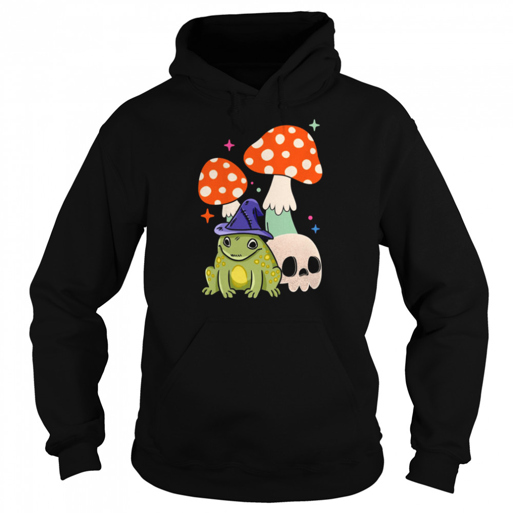 cute witchy frog cottagecore frog wizard frog with mushroom and skull witchcraft halloween shirt unisex hoodie
