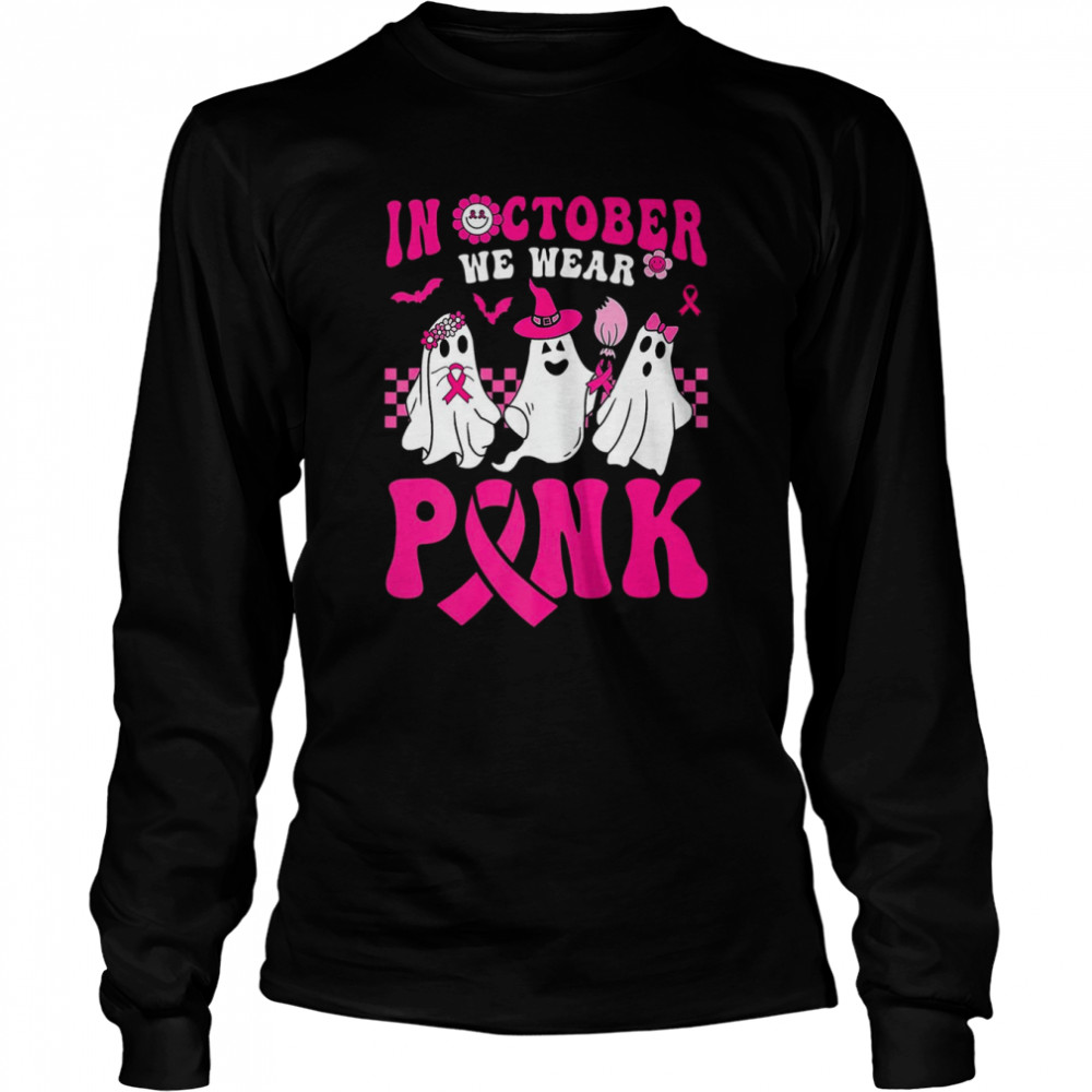 Groovy Wear Pink Breast Cancer Warrior Ghost Halloween Premium T- Long Sleeved T-shirt