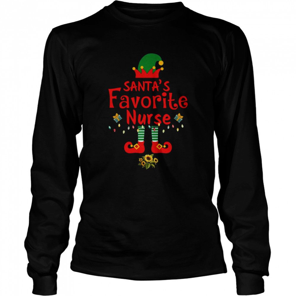 Santa’s Favorite Nurse Elf Xmas Light Santa Hat Nurse Christmas T- Long Sleeved T-shirt