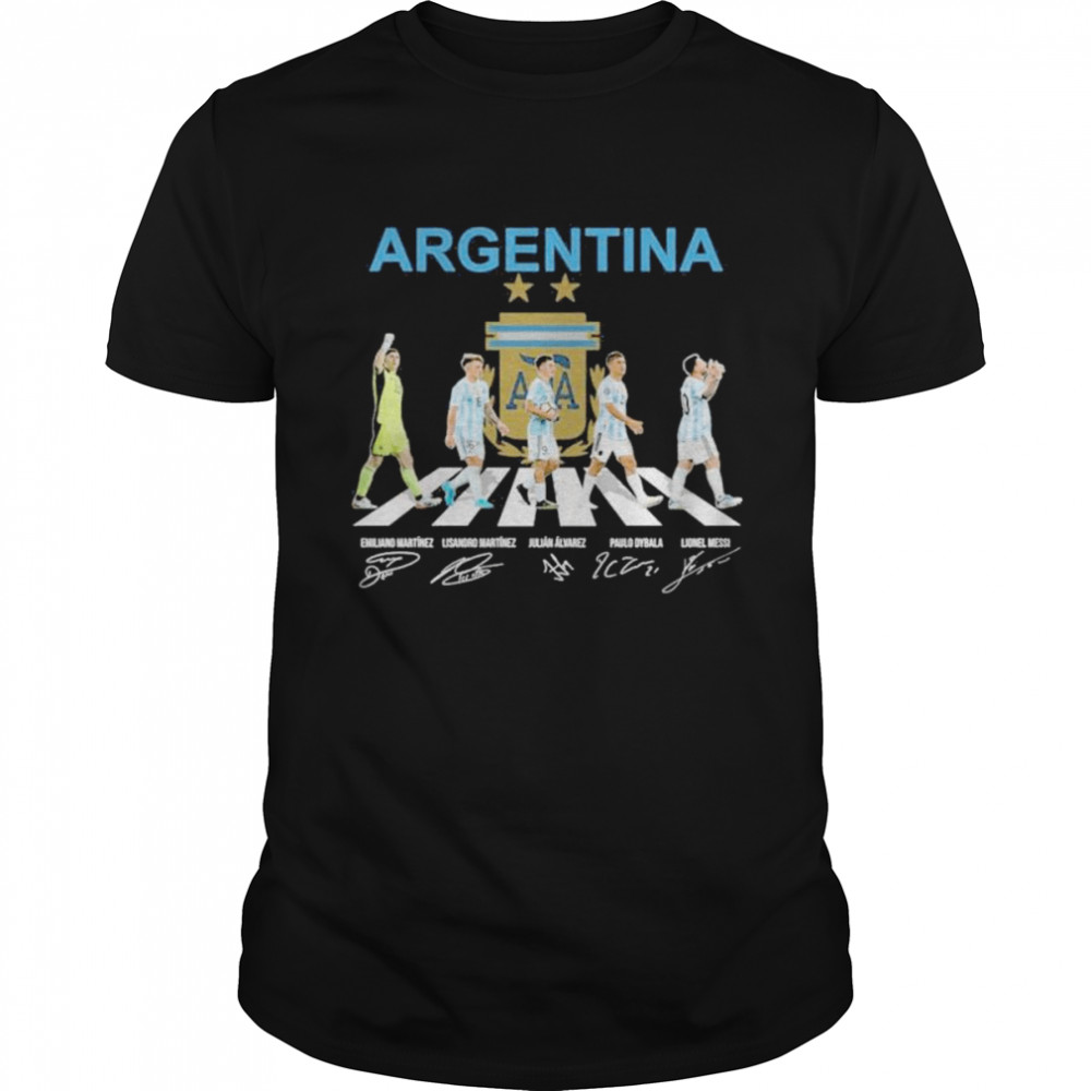 Argentina Martinez, Alvarez and Dybala and Messi abbey road world cup 2022 signatures shirt