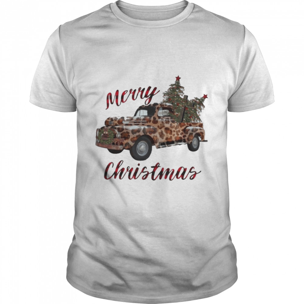 Truck Leopard Buffalo Plaid Merry Christmas Shirt