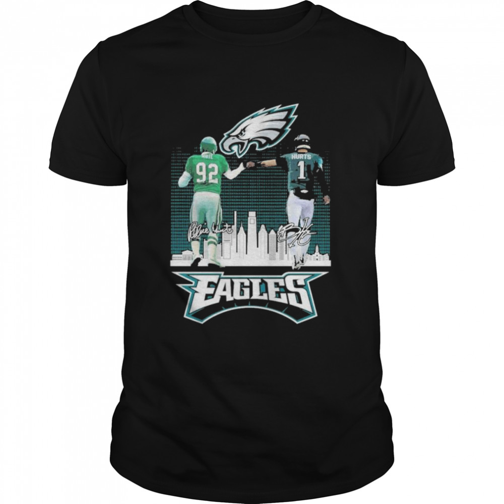 Reggie White And Jalen Hurts Philadelphia Eagles City Skyline Signatures Shirt