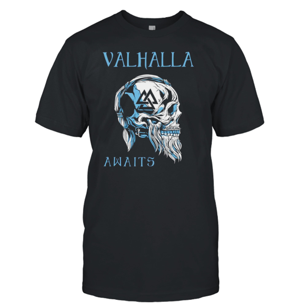Valhalla Awaits Viking Skull Black And Blue Vikings Valhalla shirt